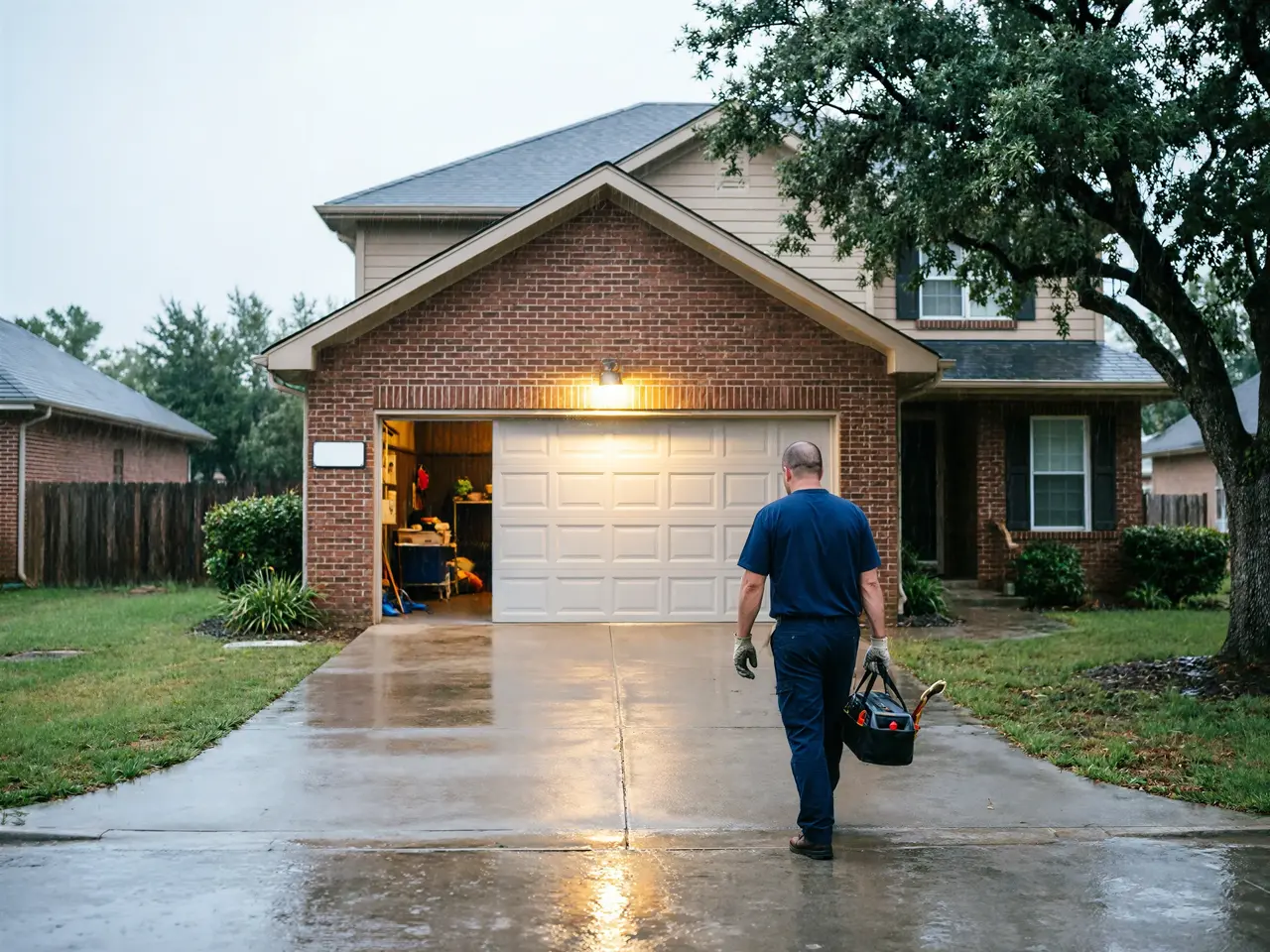 A technician walks toward a house with an open garage door on a wet driveway.