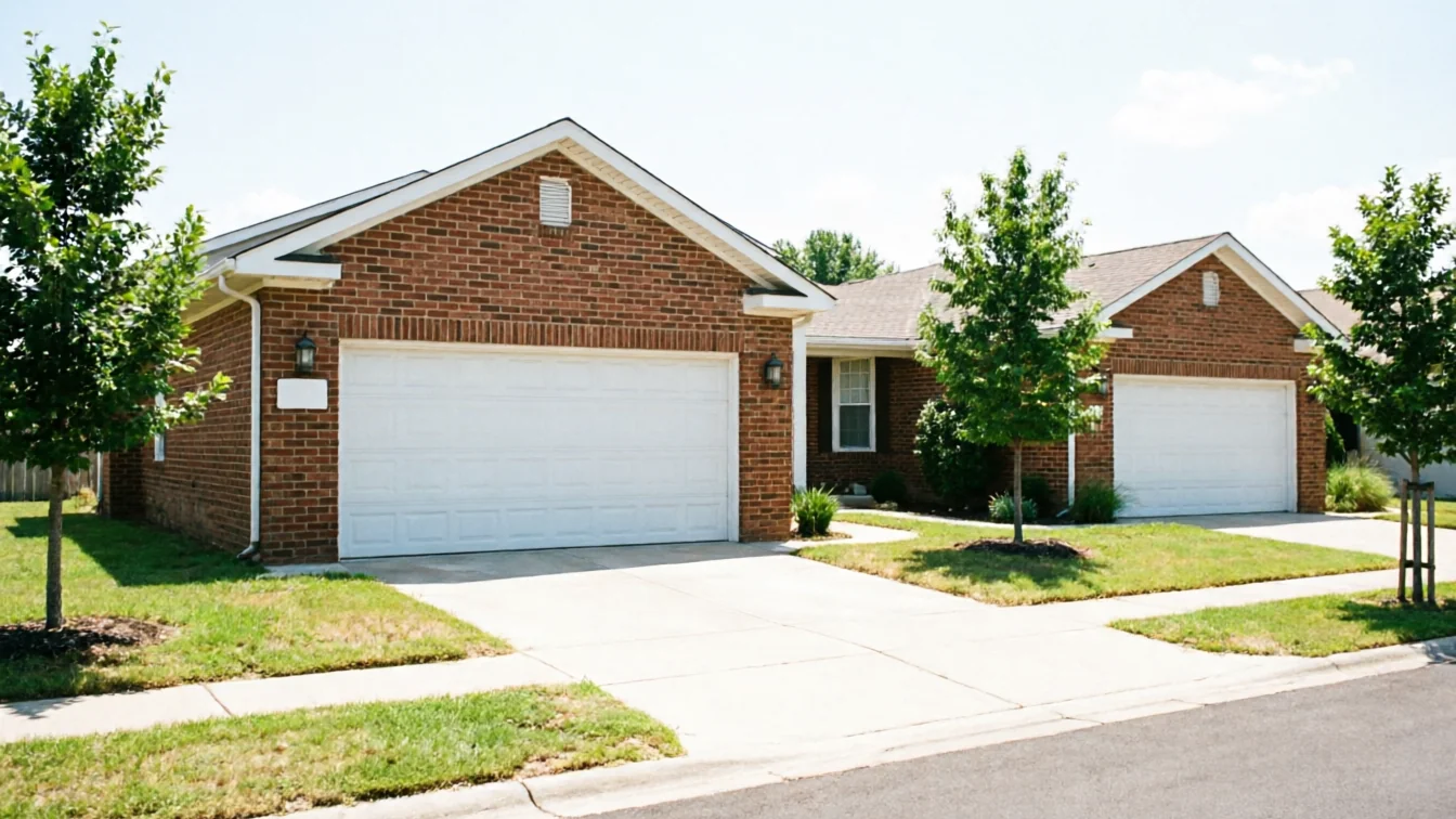 Two brick houses with white garage doors and green lawns are visible.